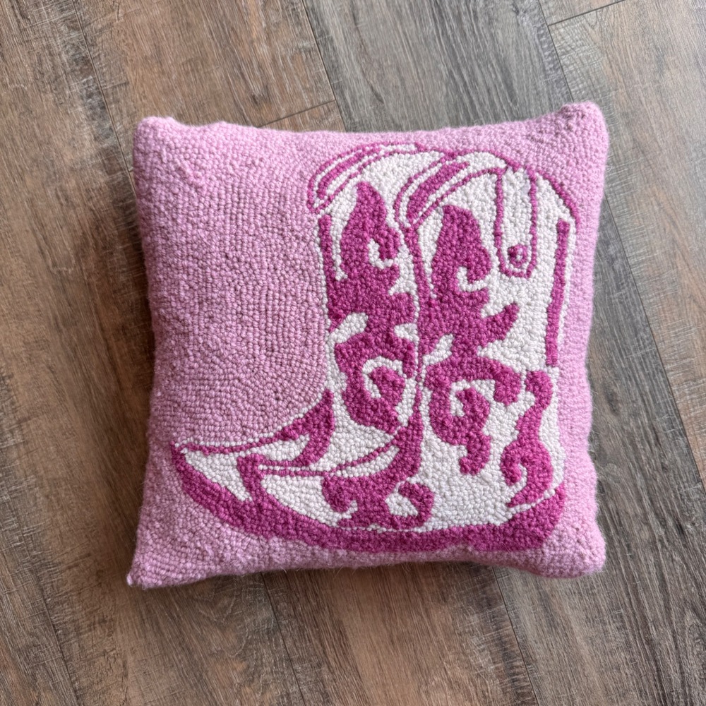 Pink Cowboy Boot Hand Hooked Wool Throw Pillow 13x13 Western Decor Dolly